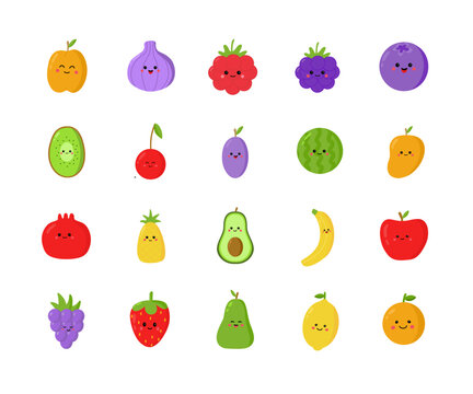 Vector cute fruits collection clip arts set isolated on white background. Smiley faces various fruits.