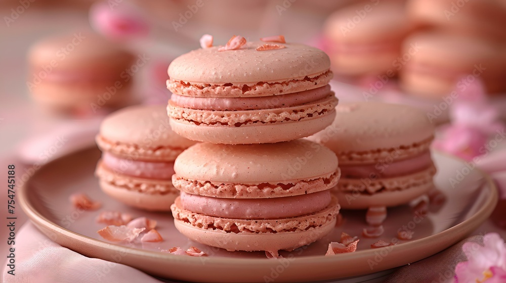 Sticker Delicate pink macarons on a plate, perfect for a sweet tooth. ideal for desserts menu or pastry shop. elegantly styled french pastries. AI