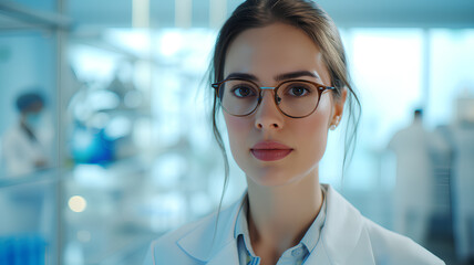 A woman wearing glasses and a white lab coat is smiling for the camera. She is a scientist or a medical professional
