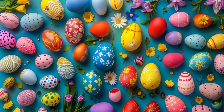 Top view photo of spring flowers and multicolored Easter eggs on isolated pastel blue background.