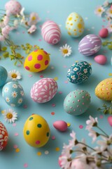 Fototapeta na wymiar Top view photo of spring flowers and multicolored Easter eggs on isolated pastel blue background.