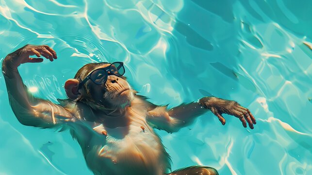 Cute monkey swimming in the clear pond water. The ripples of the water reflect strong light. The water surface is very bright.