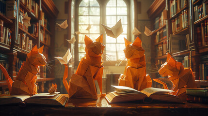 Origami cats playing in an old sprawling library with real cats surrounded by books and warm light - obrazy, fototapety, plakaty