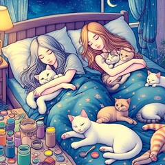 Young girls with cute cat sleeping in bed.Young girl cuddling with cute gray kitten waking up in bed in the morning.