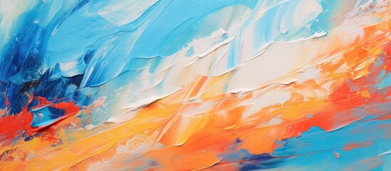 This abstract painting features a vibrant mix of blue, orange, and white colors. The artwork showcases a contemporary style with brushstrokes of paint and spots of oil paint on canvas.
