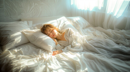 A young woman sleeping  in a white-blue striped pajama with a sleeping mask on a white bed in the room