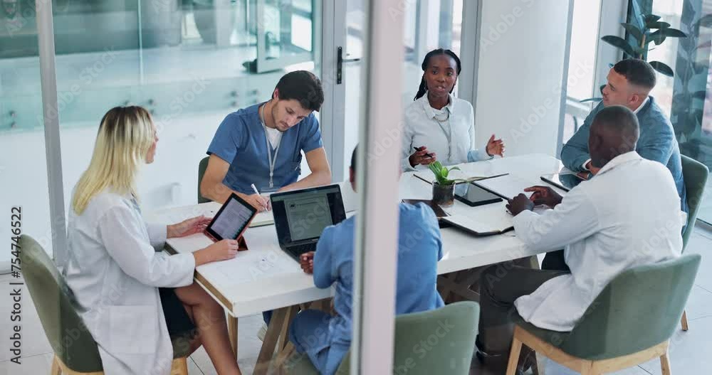 Poster Medical, team and discussion for healthcare in conference room with technology, top view and meeting. Collaboration, doctor and nurse group in boardroom for surgery brainstorming and health planning