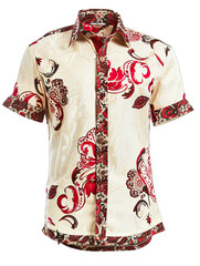 Luxury Cream And Red Short Sleeve Men_s shirt With Batik Pattern On Transparent Background