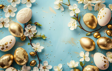 Fototapeta na wymiar Easter Golden Eggs and Spring Flowers Cover Background Banner Print for Greeting or Social media Post. Pascha Fest. Neo Art Cards E V 7 36