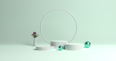 This image features a podium with soft pastel green colors and simple design elements for cosmetic advertising