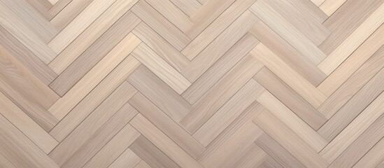 Detailed view of a chevron-patterned wood parquet floor in a sandy color, showcasing the intricate texture and grains of the wood.