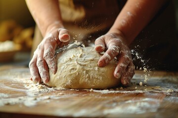 Obraz na płótnie Canvas Baker's hands are kneading sourdough for bread on a floured board. 