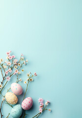 Happy Easter greeting card; Colored eggs  color background copyspace