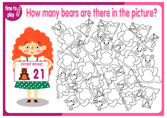 Count how many bears are hidden in the picture. How many objects are there in the picture? Educational game for children. Colorful cartoon characters. Funny vector illustration.