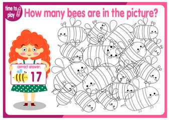 Count how many bees are hidden in the picture. How many objects are there in the picture? Educational game for children. Colorful cartoon characters. Funny vector illustration.