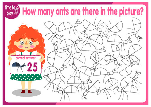 Count how many ants are hidden in the picture. How many objects are there in the picture? Educational game for children. Colorful cartoon characters. Funny vector illustration.