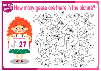 Count how many geese are hidden in the picture. How many objects are there in the picture? Educational game for children. Colorful cartoon characters. Funny vector illustration. Isolated on white back