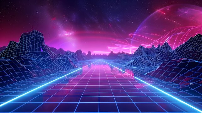 Neon Blue and Pink Grid Lines in a Synthwave Virtual Reality Landscape with Floating Mountains and Stary Sky