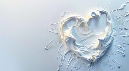 Fototapeta na wymiar Abstract white heart shape made of liquid cosmetic cream on the light background
