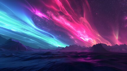 Vibrant Night Sky Fantasy Neon Aurora Borealis over Mountains - obrazy, fototapety, plakaty