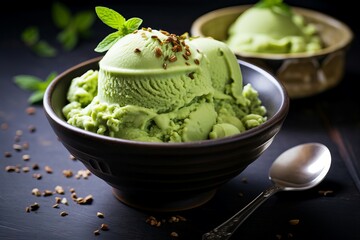 Velvety Matcha ice cream. Food sorbet dessert. Generate Ai - obrazy, fototapety, plakaty