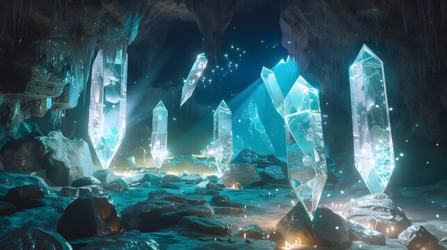 Mysterious Cave Filled with Dazzling Light Blue Crystals Radiating Otherworldly Energy