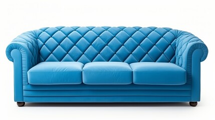 A classic blue quilted fabric sofa stands elegantly isolated on a white background, part of a series of exquisite furniture pieces.