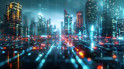 Fototapeta premium Futuristic City Nightscape with Dynamic Lighting and Digital Grid Data Flow