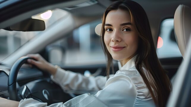 Confident young woman sitting in car, driver's seat view. casual drive in city. safe driving, smiling female behind wheel. modern lifestyle, urban scene. AI