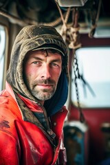 Portrait von einem Fischer auf seinem Fischkutter  - obrazy, fototapety, plakaty