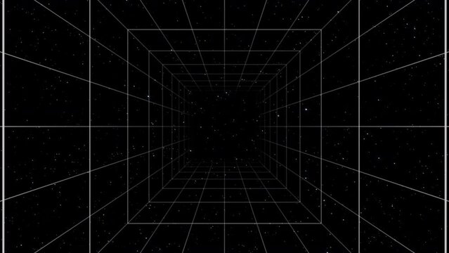 Retro Futuristic 80-90's Universe space tunnel Background, Abstract digital tunnel with star moving. Retro futurism, Retro wave cyber grid animation loop.