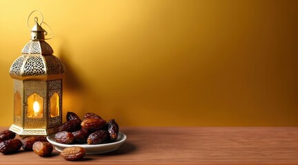 Fototapeta na wymiar a beautiful rgolden lantern with a plate of dates. Ramadan kareem 