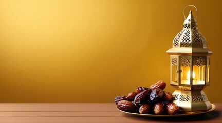 Fototapeta na wymiar a beautiful rgolden lantern with a plate of dates. Ramadan kareem 