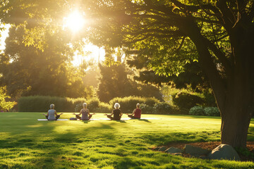 Obraz na płótnie Canvas Seniors practicing yoga in a quiet park, their bodies stretching and bending in harmony with nature as the morning sun shines through the trees. Generative AI