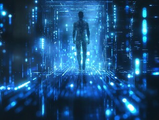 A silhouette of a person walking in a futuristic corridor filled with glowing blue digital patterns.