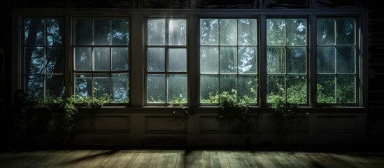 A dimly lit room featuring three windows without glass, casting eerie shadows on the worn wooden floor. The room exudes a sense of abandonment and mystery, with no signs of life present.