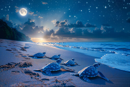 Sea turtles hatching on a moonlit beach their tiny forms a dance of life against the vast dark ocean guided by the natural light to their nurturing mother