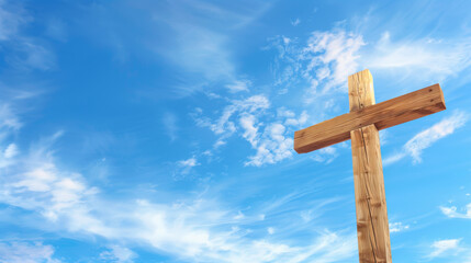 Wooden cross against a vibrant blue sky with fluffy clouds, symbolizing Christian faith and Easter, with copy space for text