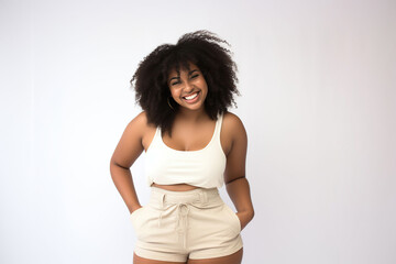 beautiful curvy afro woman in shorts and tank top smiling on white background photography, Generative AI