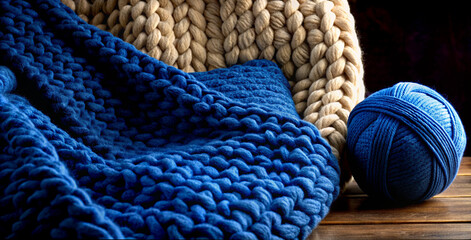 Artisanal Chunky Knit Blankets in Navy Blue and Beige on a Wooden Surface
