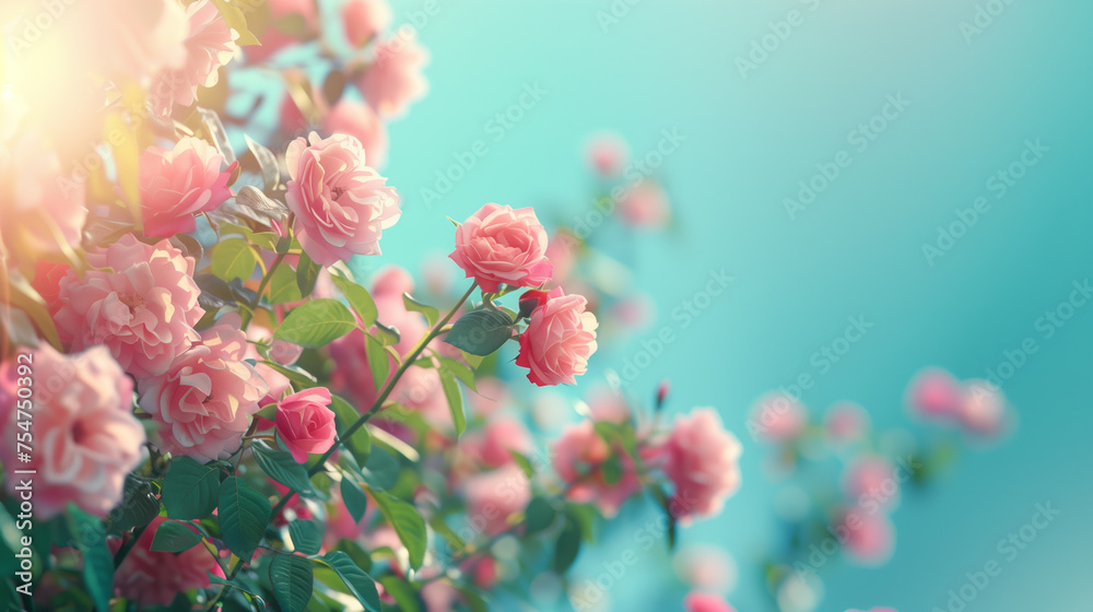 Canvas Prints Lush pink roses in bloom with soft sunlight, suitable for Mother's Day backgrounds or springtime floral concepts, with ample copy space on a serene blue gradient background