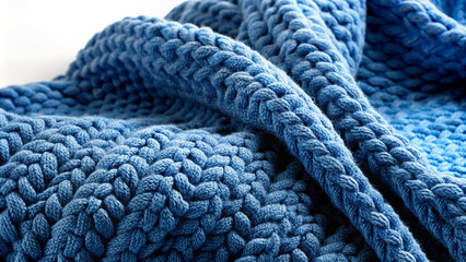 Close-up of Vibrant Blue Knitted Wool Texture for Cozy and Warm Concepts. White flat background
