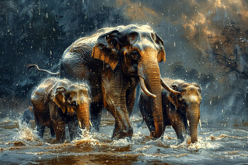 Elephants enjoying a refreshing moment as a family in the rain, surrounded by a dramatic, dark, and...