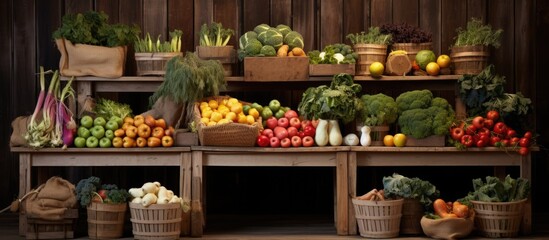 A variety of colorful fruits and vegetables are displayed on a rustic table in a supermarket setting. The table is filled with an assortment of fresh produce, showcasing the vibrant colors and