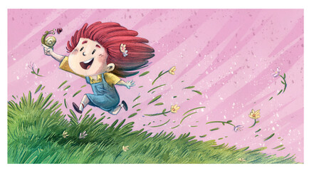 Little girl running happy with snail on the meadow