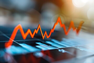 A red line graph overlays a blurred digital screen, depicting the concept of stock market growth or financial analytics.