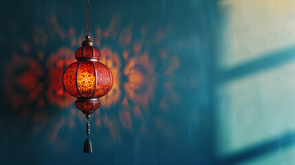 Traditional red Moroccan lantern hanging against a blue wall with intricate shadow patterns, suitable for Ramadan and cultural concepts, with copy space
