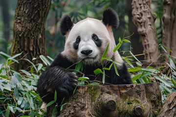 A giant panda rests against a stump eating bamboo
