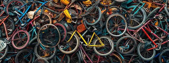 A jumble of discarded bicycle, critiquing the throwaway culture in tech consumerism - obrazy, fototapety, plakaty