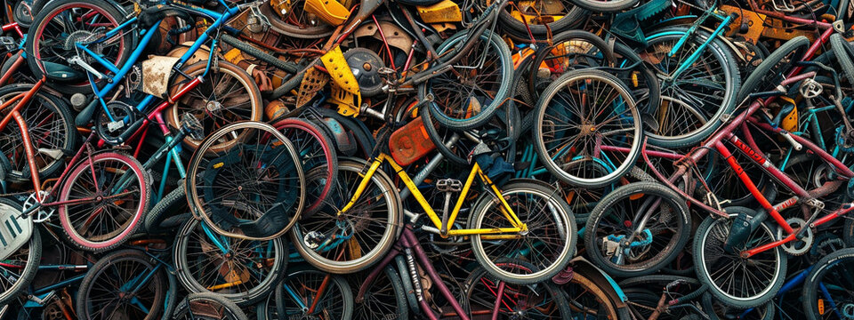 A jumble of discarded bicycle, critiquing the throwaway culture in tech consumerism